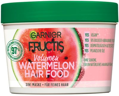 Garnier Hair Mask, Watermelon Hairfood, Moisturising 3-in-1 Mask, Gently Detangles Fine Hair and Gives Unrivalled Shine, Fructis, 390 ml