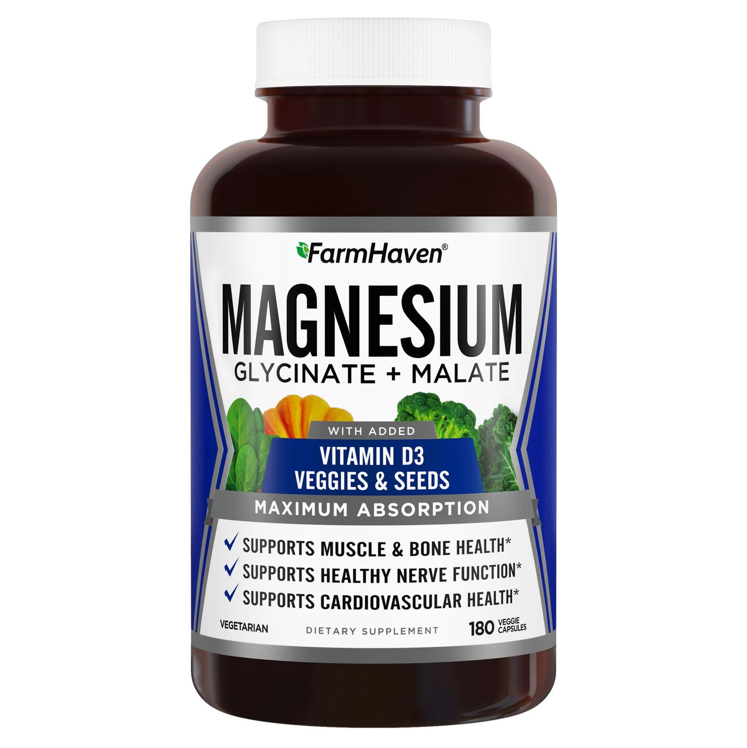 FarmHaven Magnesium Glycinate Malate Complex wVitamin D3, 100 Chelated for Max Absorption, Vegetarian - Bone Health, Nerves, Muscles, 180 Capsules, 90 Days