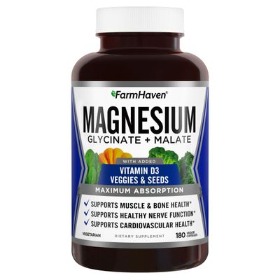 FarmHaven Magnesium Glycinate Malate Complex wVitamin D3, 100 Chelated for Max Absorption, Vegetarian - Bone Health, Nerves, Muscles, 180 Capsules, 90 Days