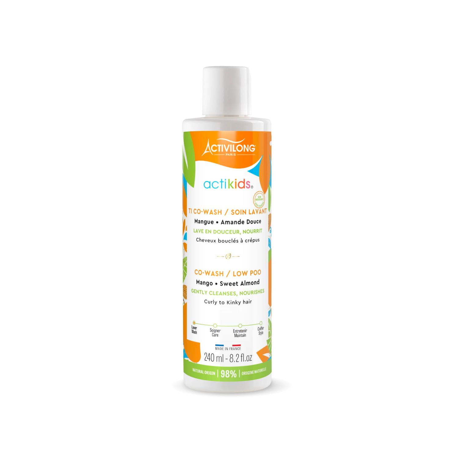 Actikids Co-wash Mango and Sweet Almond - No-Rinse Cleanser, Gentle Wash, Detangling, and Timesaving in One - 240