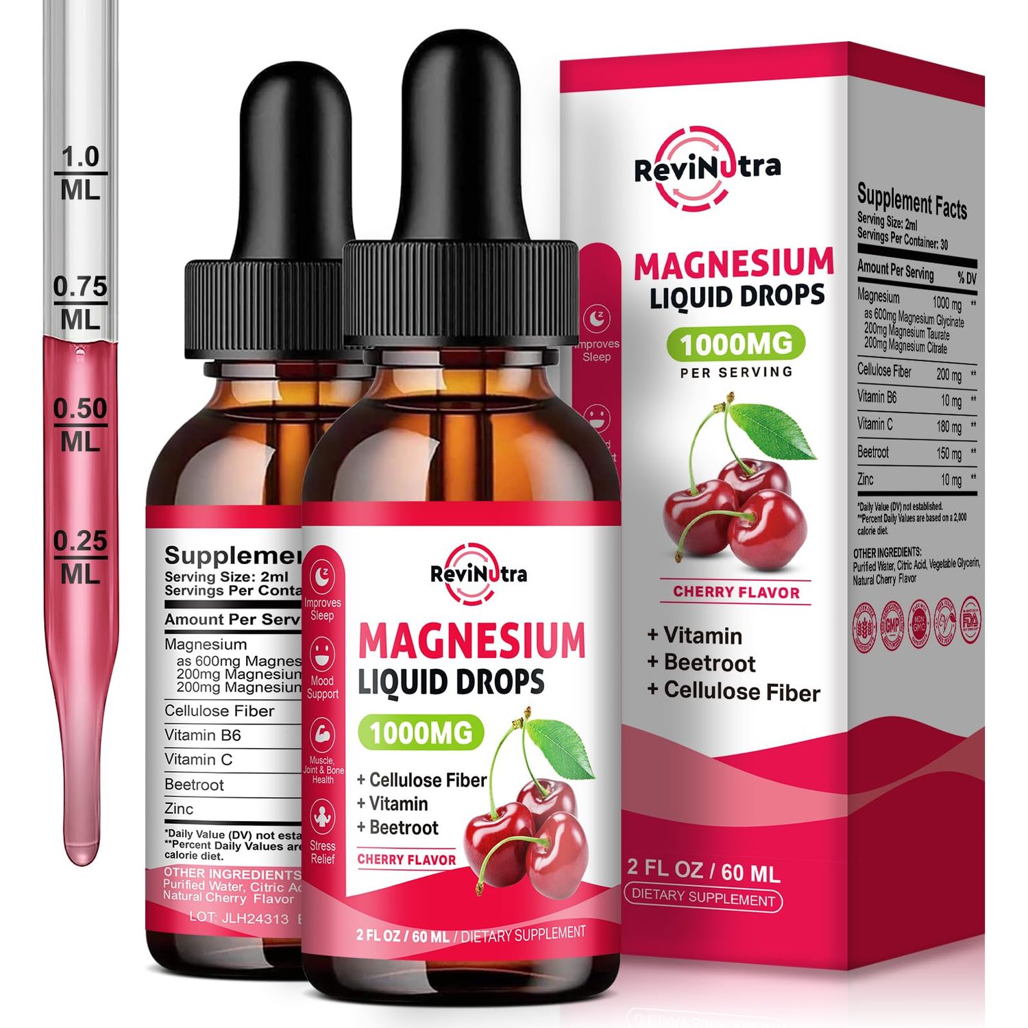 2 Pack Magnesium Glycinate Liquid Drops, 1000mg of Magnesium Glycinate, Taurate Citrate Liquid Drops for Bone, Sleep, Calm, Muscle, Energy Relaxation, High Absorption, Sugar-Free Cherry Flavor