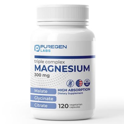 Puregen Labs Triple Magnesium Complex 300mg of Magnesium Glycinate, Malate, Citrate High Absorption 120 Veg Capsules No Harmful Additives Non-GMO, NO Gluten and Dairy Made in USA