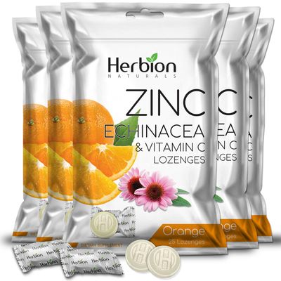 HERBION Naturals Zinc, Echinacea Vitamin C Lozenges 25 CT - Dietary Supplement for Adults Children 5 - Promotes Wellness for The Whole Family (125 Count (Pack of 5), Orange)