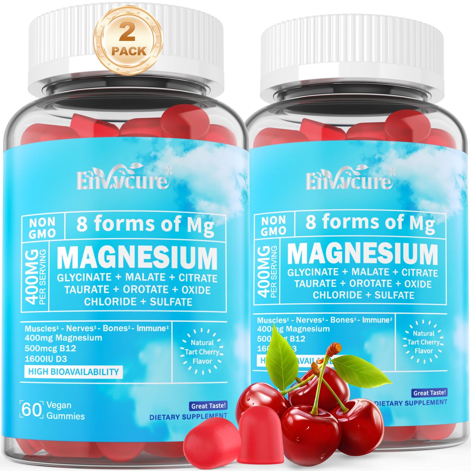 Magnesium Gummies 400mg as 8 Forms of Magnesium Glycinate, Malate, Citrate, Taurate, Oxide, and More with Ashwagandha Extract, D3 B12 Supports for Calm, Zzz, Mood, Muscle Cramp - Vegan 120 Cts