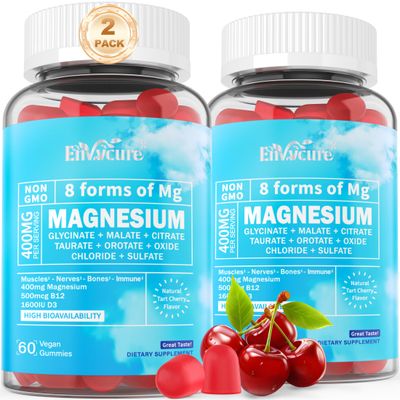Magnesium Gummies 400mg as 8 Forms of Magnesium Glycinate, Malate, Citrate, Taurate, Oxide, and More with Ashwagandha Extract, D3 B12 Supports for Calm, Zzz, Mood, Muscle Cramp - Vegan 120 Cts