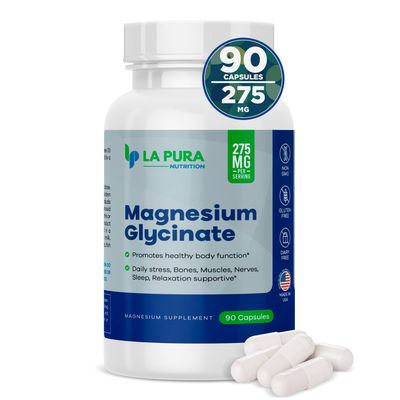 LaPura Magnesium Glycinate 275 mg Supplement, 90 Capsules - Daily Stress Relief, Promotes Sleep Relaxation - Supports Bones, Muscles, Nerves, Heart, Brain -Non-GMO, Gluten-Free, Made in USA
