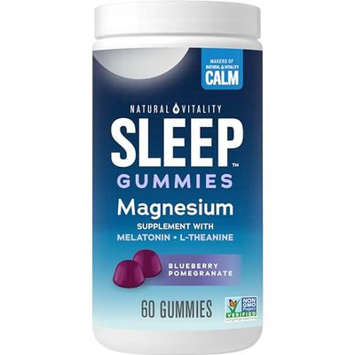 Natural Vitality CALM Sleep Gummies Magnesium Supplement, Melatonin Magnesium Citrate, Sleep Aid Gummies, L-Theanine, Gluten Free, Helps the Body Ease into Sleep, Blueberry Pomegranate 60 Count
