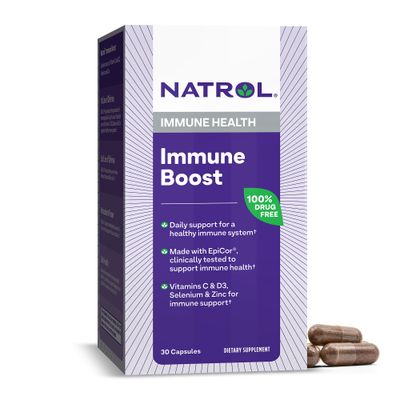 Natrol Immune Boost Capsules, Immune Support Dietary Supplement, Made with EpiCor Clinically Tested, Includes Vitamins C, D3, Selenium and Zinc, 30 Count