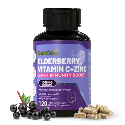 EAZGOO Sambucus Elderberry with Zinc Vitamin C - 5 in 1 Immune Support Supplement, Non-GMO, 120 Vegetarian Capsules, 2 Months Supply
