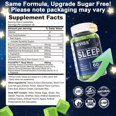 NEVISS Melatonin Free Sleep Aid Gummies for Adults - Magnesium Glycinate Gummies GABA, L-Tryptophan, Magnesium, Ashwagandha - Non-Habit Forming, Help for Deep Relaxation - Vegan, Lemon Flavor, 2Pack