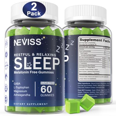 NEVISS Melatonin Free Sleep Aid Gummies for Adults - Magnesium Glycinate Gummies GABA, L-Tryptophan, Magnesium, Ashwagandha - Non-Habit Forming, Help for Deep Relaxation - Vegan, Lemon Flavor, 2Pack