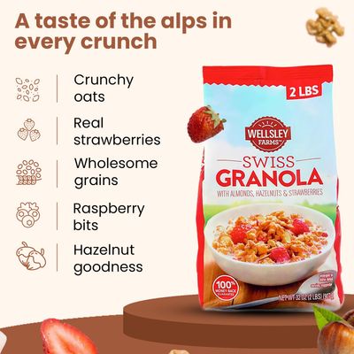 Wellsley Farms Swiss Granola Made with Real Fruits, Crunchy Oats, Almonds Hazelnuts Perfect Addition for Yogurt, Cereal, Snacks Favourite High Protein Breakfast l 2 lbs Per Pack