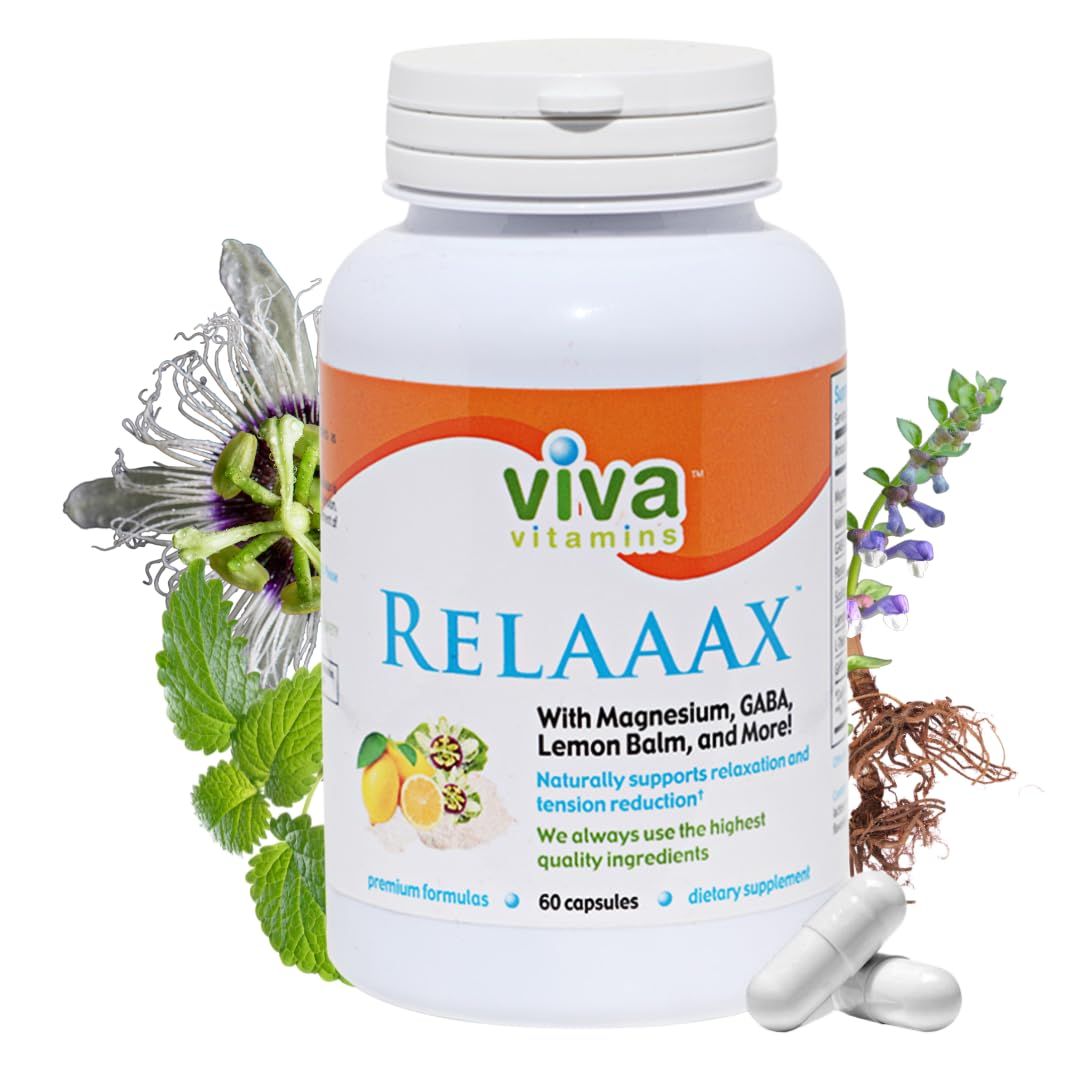 Viva Vitamins Relaaax - with Magnesium, GABA, L-Theanine, Lemon Balm, Supports Mood, Relaxation, Tension, Helps Achieve Calm Relaxed Mind, Non-GMO, Vegan, 60 Caps