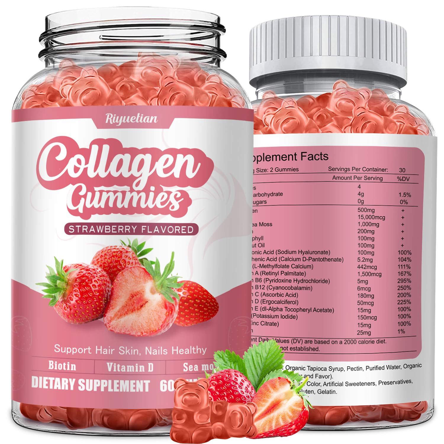 Collagen Gummies with Vitamin C, Zinc and Biotin, Strawberry Flavor Beauty Supplement, Hydrolyzed Collagen Peptides Supplement for Hair, Skin, Nails Wrinkles, Non-GMO, Gluten Free, 60 Gummies