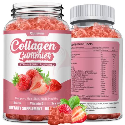 Collagen Gummies with Vitamin C, Zinc and Biotin, Strawberry Flavor Beauty Supplement, Hydrolyzed Collagen Peptides Supplement for Hair, Skin, Nails Wrinkles, Non-GMO, Gluten Free, 60 Gummies