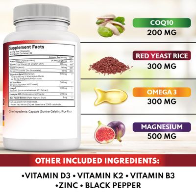 NEW AGE COQ10 200mg Red Yeast Rice 3000mg Omega 3-6-9 3000mg Magnesium Complex 500mg Zinc Vitamin K2 D3 - Vitamins for Women and Men with Vitamin B3, Coenzyme Q10-120 Count