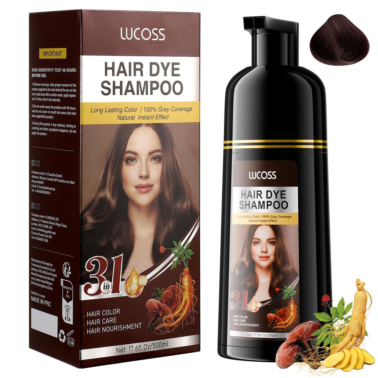ROPALIA Dark Brown Hair Dye Shampoo for Gray Hair, Herbal Ingredients Champu Para Canas for Women and Men, 16.9 Fl.Oz