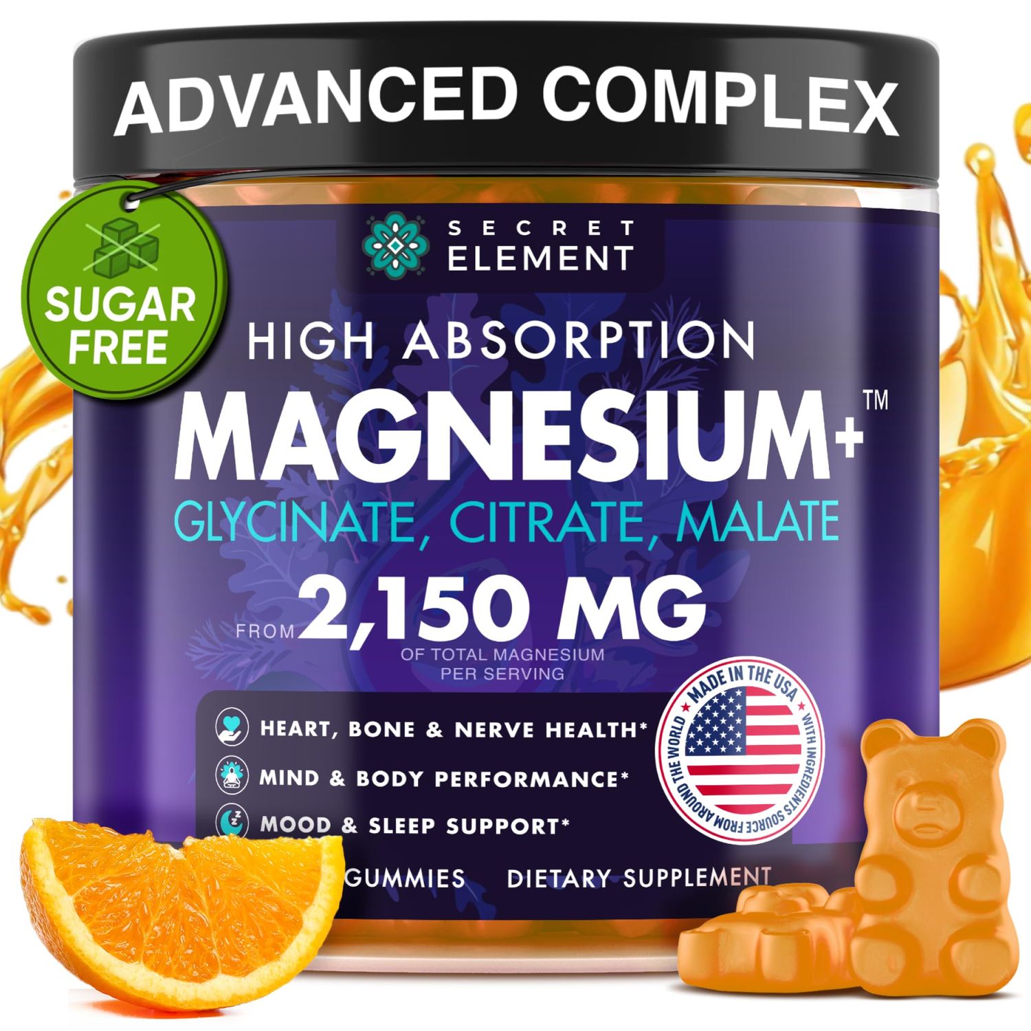 Magnesium Glycinate 2150MG Gummies for Women and Men, High Absorption Magnesium Glycinate, Citrate, Malate Gummies for Adults Kids, Magnesium for Sleep Support, Sugar Free, Vegan, 60 Chews, Orange