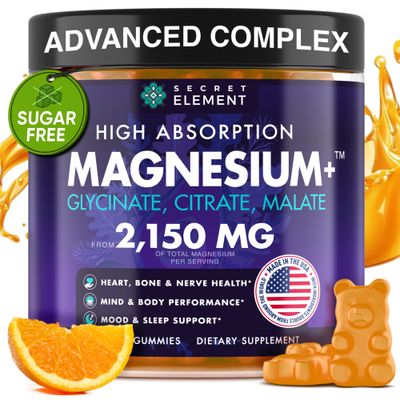 Magnesium Glycinate 2150MG Gummies for Women and Men, High Absorption Magnesium Glycinate, Citrate, Malate Gummies for Adults Kids, Magnesium for Sleep Support, Sugar Free, Vegan, 60 Chews, Orange