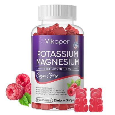 Potassium Magnesium Gummies 500mg for Adults Sugar-Free High Absorption Magnesium Glycinate Supplement,Supports Leg Cramps,Muscle,Heart Health,Non-GMO Magnesium Gummy Raspberry Flavor 90 Count
