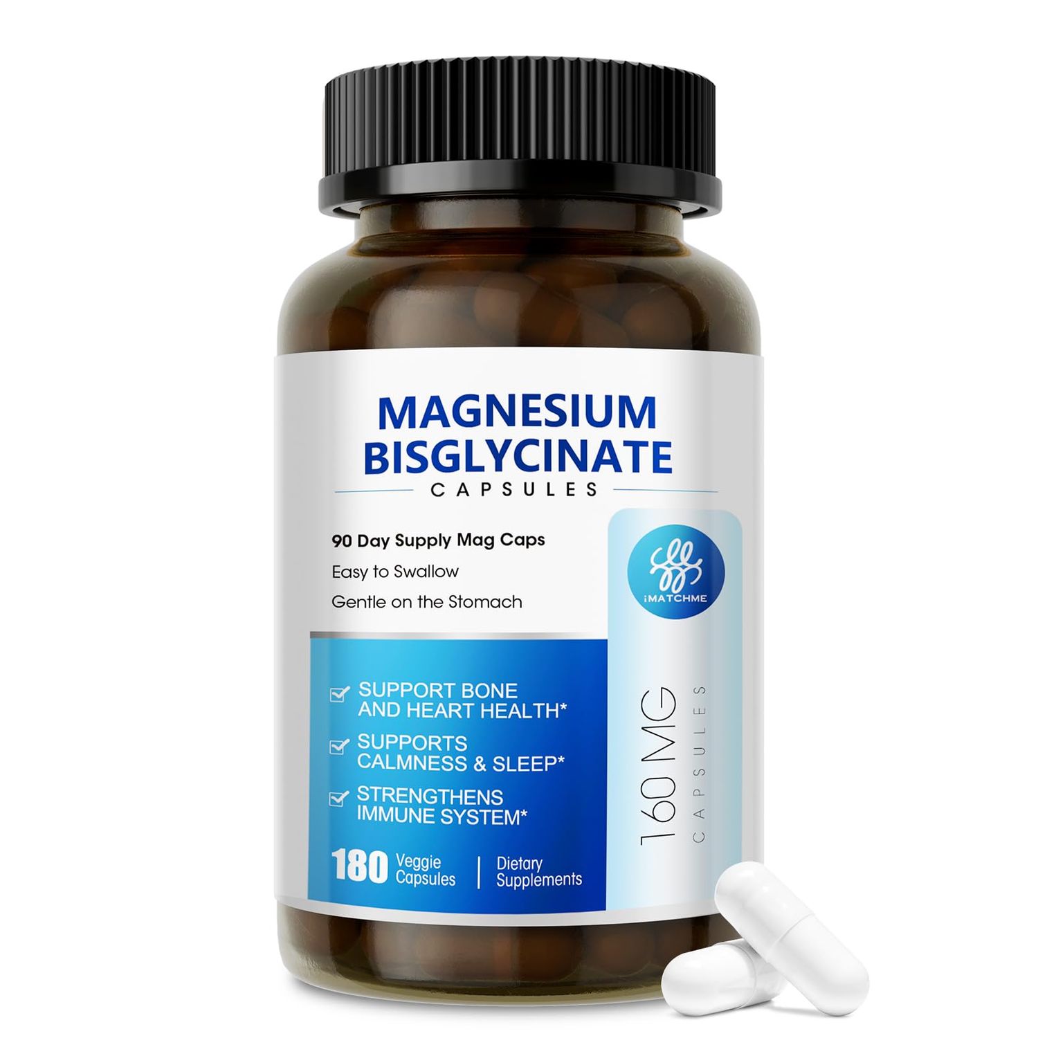 iMATCHME Magnesium Bisglycinate 100 Chelated, Maximum Absorption, Magnesium Supplement for Sleep Calmness, Supports Heart Healthy, Muscle Bones, Non-GMO, 180 Capsules