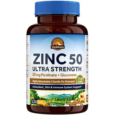 Vitalitown Zinc 50 mg, Zinc Picolinate, Zinc Gluconate, 120 Veggie Capsules, No Zinc Oxide, Well-Absorbed, Chelated Zinc Supplement, Immune System, Healthy Skin Development, Vegan, Non-GMO