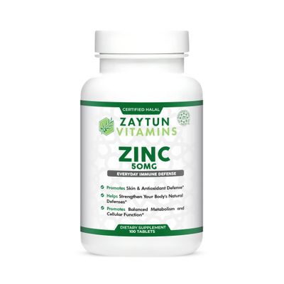 Zaytun Halal Zinc 50 mg Supports Immune Health and Healthy Skin, Antioxidant, One Per Day, US Made, 100 Tablets