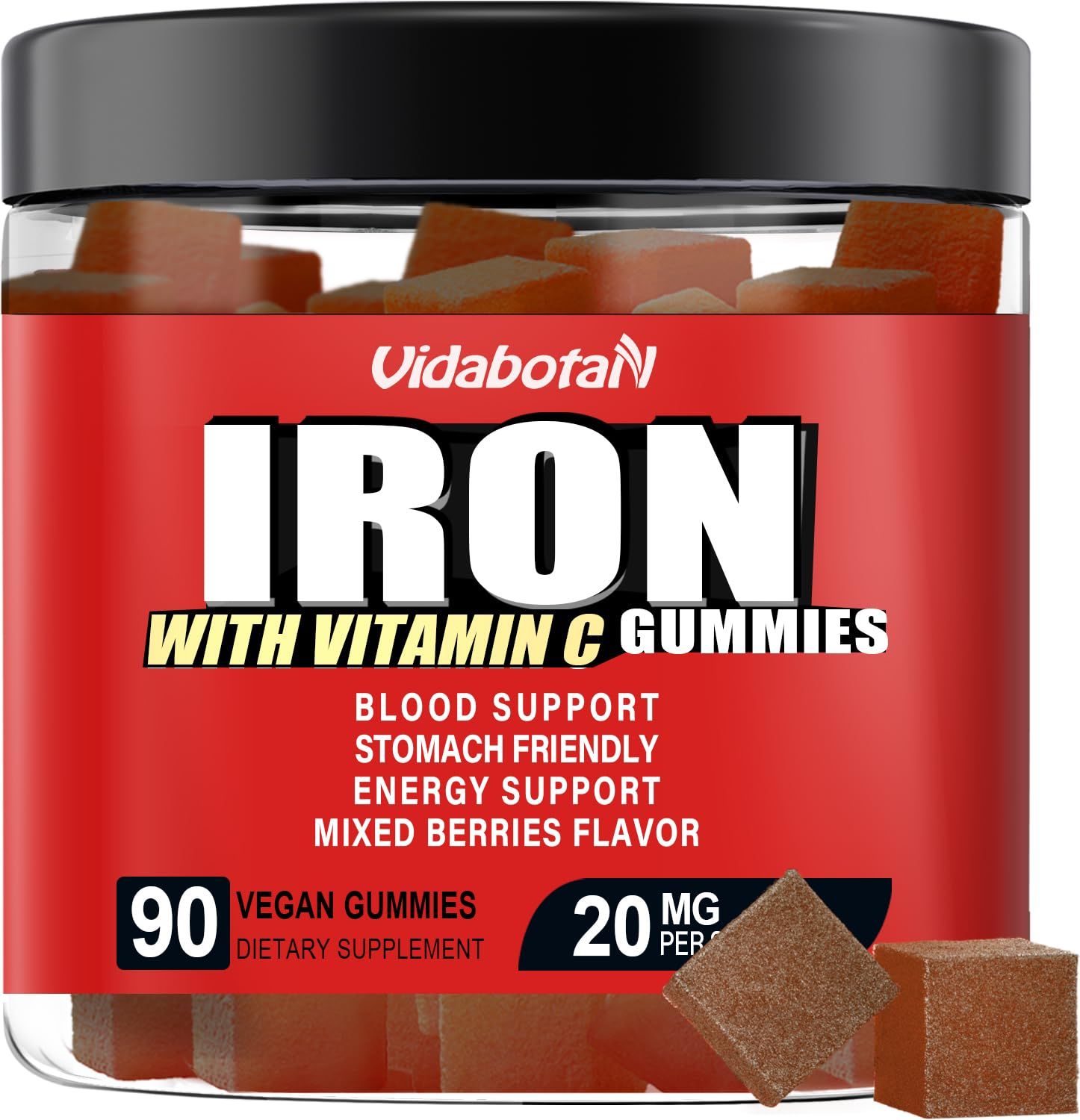 Sugar Free Iron Gummies for Women Men Kids-Iron Supplement 20mg with Vitamin C for Iron Deficiency, No Rust Taste, Gentle Iron for Stomach, Mixed Berries Flavor, 90 Vegan Gummies.