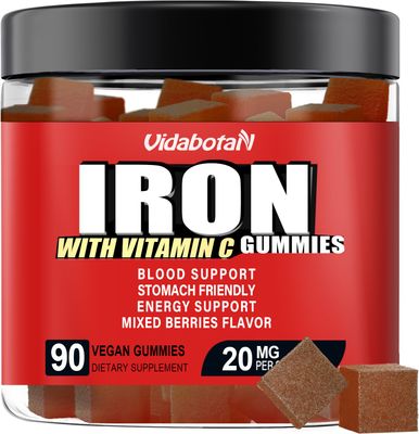 Sugar Free Iron Gummies for Women Men Kids-Iron Supplement 20mg with Vitamin C for Iron Deficiency, No Rust Taste, Gentle Iron for Stomach, Mixed Berries Flavor, 90 Vegan Gummies.