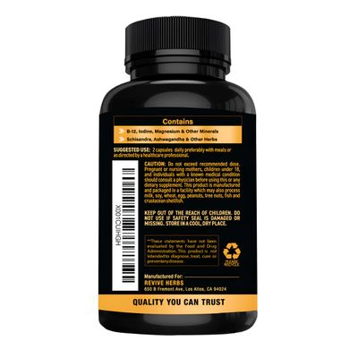 Revive Herbs Thyroid Support: Powerful Blend of Ashwagandha, Iodine, Selenium, Magnesium, Zinc, Vitamin B12 More for Optimal Health - 60 Capsules