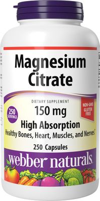 Webber Naturals Magnesium Citrate, 150 mg Per Capsule, 250 Capsules, High Absorption, Helps Support Bones, Teeth and Proper Muscle Heart Function, Gluten Dairy Free