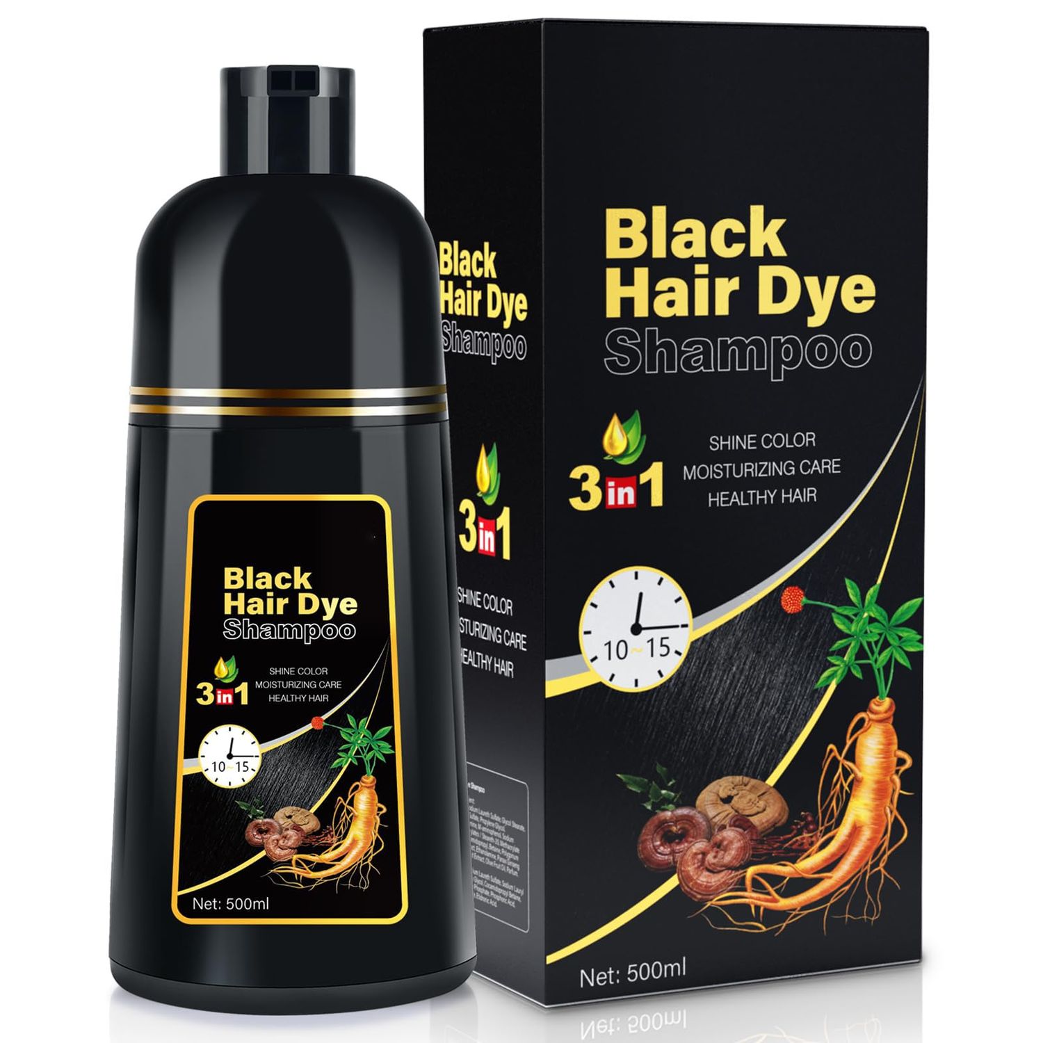 BELEZALIB Black Hair Dye Shampoo for Gray Hair, Instant 3-in-1 Color Shampoo for Women and Men, Herbal Ingredients, 100 Grey Coverage, 500ML