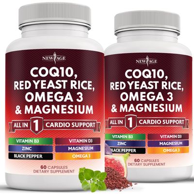 NEW AGE COQ10 200mg Red Yeast Rice 3000mg Omega 3-6-9 3000mg Magnesium Complex 500mg Zinc Vitamin K2 D3 - Vitamins for Women and Men with Vitamin B3, Coenzyme Q10-120 Count