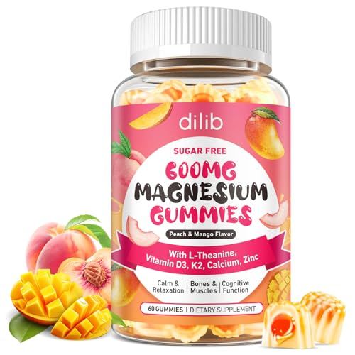 Magnesium Glycinate Gummies 600mg, Magnesium L-Threonate Supplement for Kids Adults - Vitamin D3 K2 Zinc for Sleep Calm Muscle Relaxation Cognitive - Sugar Free Peach Mango Center-Filled Gummies