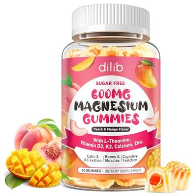 Magnesium Glycinate Gummies 600mg, Magnesium L-Threonate Supplement for Kids Adults - Vitamin D3 K2 Zinc for Sleep Calm Muscle Relaxation Cognitive - Sugar Free Peach Mango Center-Filled Gummies
