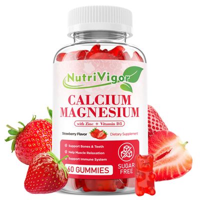 NutriVigor Calcium Magnesium Zinc Gummies with High Absorption Magnesium 300mg, Calcium Supplement with D3 for Bone, Muscles Immune Support for Kids Adults, Strawberry Flavor, 60 Count