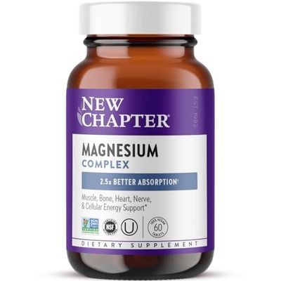 New Chapter Magnesium Complex Supplement for Heart, Bone, Nerve, Muscle Cellular Energy - Well-Absorbed Magnesium Glycinate Sea-Sourced Fermented Forms, 100 Vegan, 60 Tablets