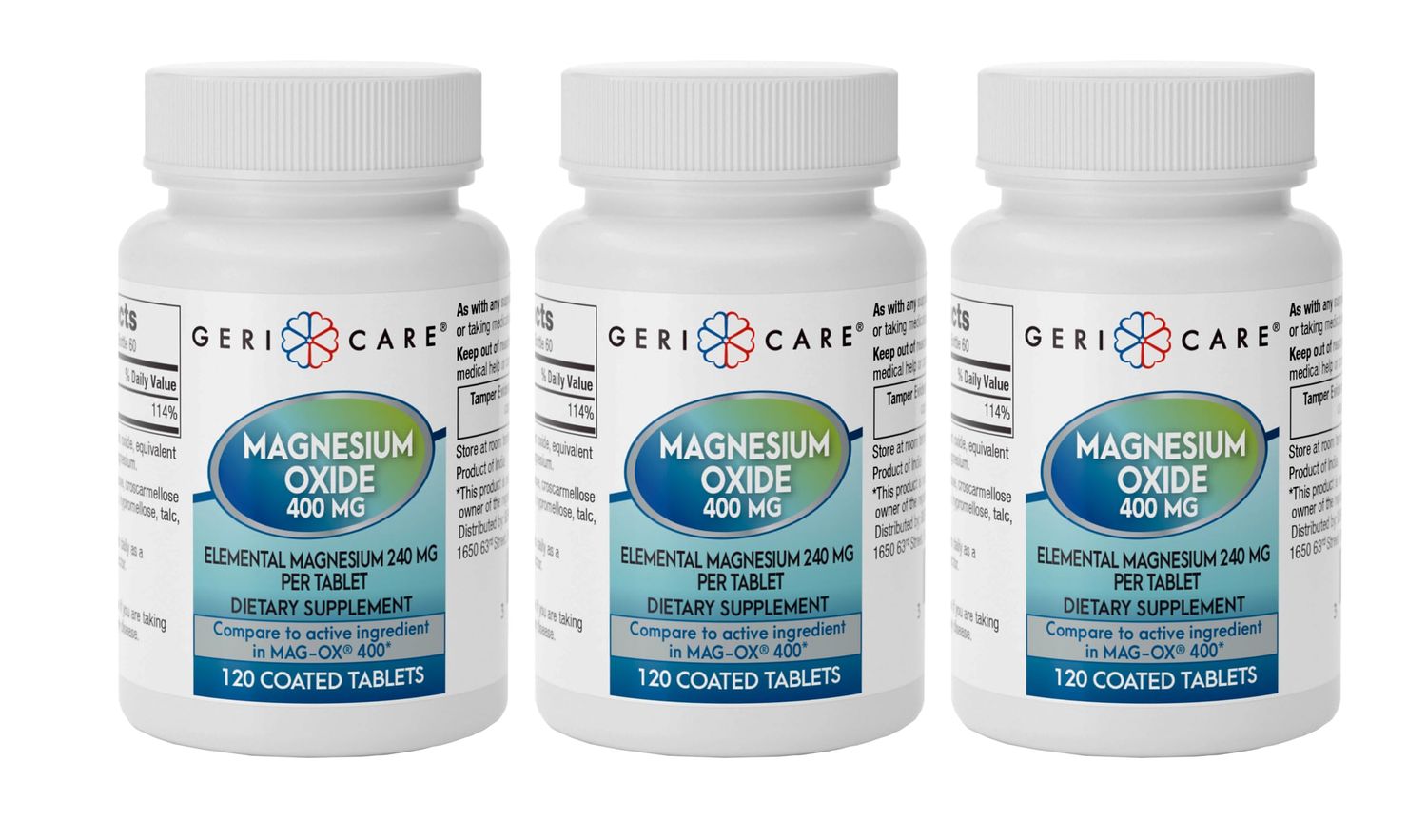 GeriCare Magnesium Oxide Supplement 240 mg of Elemental Magnesium, 120 Tablets, Essential Mineral Support, Promotes Vascular Health, Bone Strength, and Muscle Function (Pack of 3)