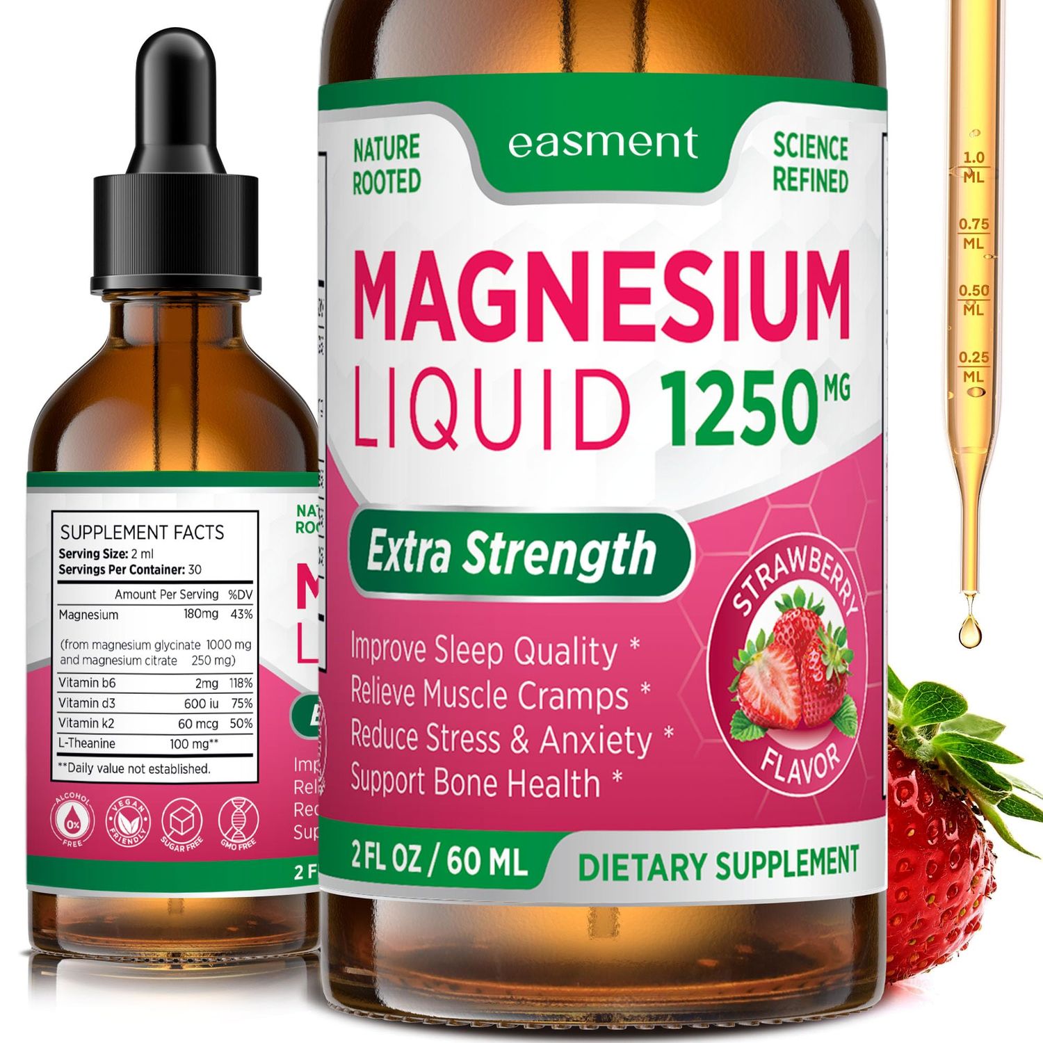 Magnesium Glycinate and Citrate Liquid for Women: 1250mg Magnesium, Vitamin B6, D3, K2, L-Theanine for Muscle Relaxation, Sleep Support Overall Wellness of Women and Men (2 Fl Oz (Pack of 1))