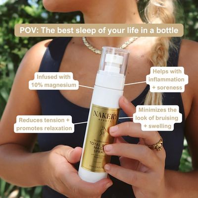Nakery Total Body Magic Magnesium Spray - 10 Magnesium Spray for Feet Tension, Leg Cramps Stiff Muscles After Work Gym - Homeopathic Magnesium Spray Oil with Valerian Root Arnica