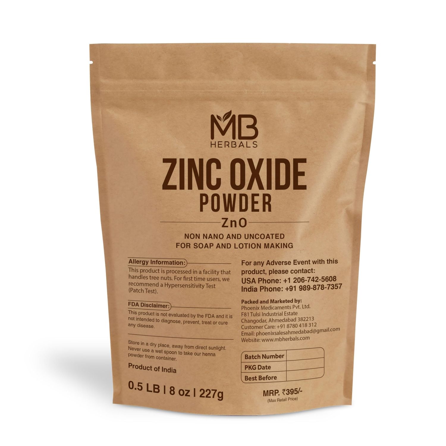 MB Herbals Zinc Oxide Powder 8 oz Uncoated Non-Nano For DIY Sunscreen Lotion Cream