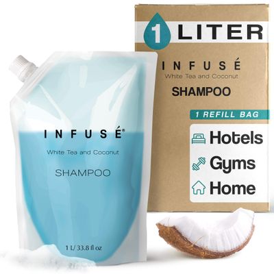 INFUS 1 Liter Shampoo Refill Bag For Soap Dispensers Bulk Toiletries for Vacation Rentals, and Home Bathroom Showers White Tea and Coconut Single