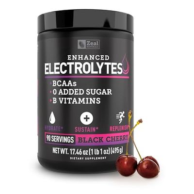 Zeal Naturals Electrolyte Powder Recovery Drink (90 Servings Black Cherry) w 0 Sugar BCAAs B-Vitamins Electrolyte Supplement w Potassium Zinc Magnesium for Hydration - Keto Electrolytes