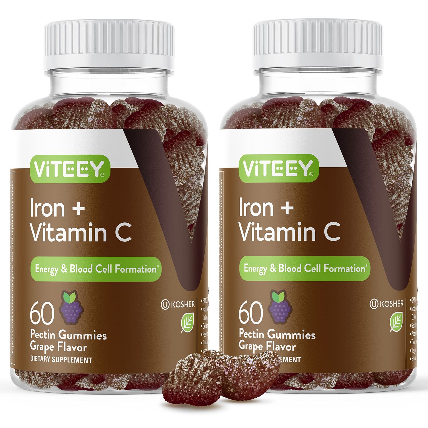 Iron Gummies 20mg Vitamin C 26mg for Iron Deficiency and Anemia, Supports Energy, Blood Cell Formulation, Blood Builder, Vegan Supplements, Gluten Gelatin and GMO Free, Chewable Grape Gummy Chews