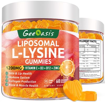 Liposomal L-lysine Gummies 1200mg, Lysine Chewable Supplement with Vitamin C, D3, B12 Zinc for Adults Kids, Immune Collagen Support, Lips Skin Health, Vegan, Natural Fruit Flavor, 60CT