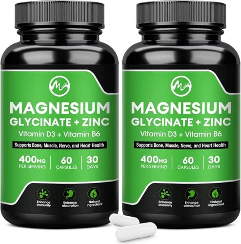 (2 Pack) Magnesium Glycinate Capsules, Magnesium Supplement 400 mg with Zinc,Vitamin D3 B6 - Highly Bioavailable and Absorption - Bone,Heart,Joint,Immune Support - 120 Vegan Capsules for Women Men