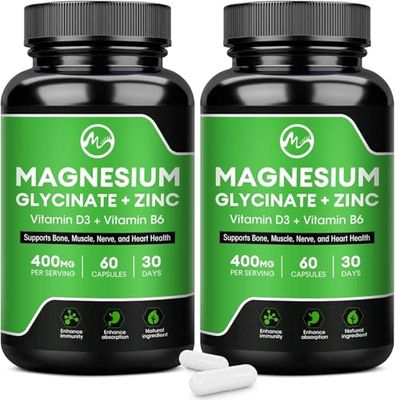 (2 Pack) Magnesium Glycinate Capsules, Magnesium Supplement 400 mg with Zinc,Vitamin D3 B6 - Highly Bioavailable and Absorption - Bone,Heart,Joint,Immune Support - 120 Vegan Capsules for Women Men