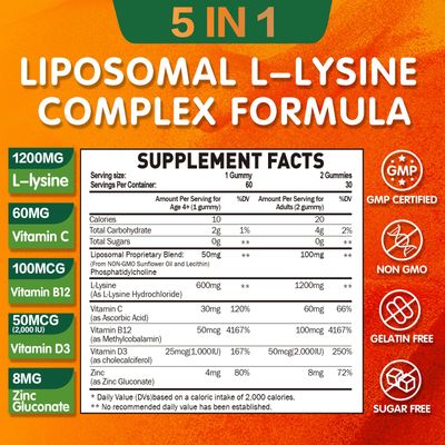 Liposomal L-lysine Gummies 1200mg, Lysine Chewable Supplement with Vitamin C, D3, B12 Zinc for Adults Kids, Immune Collagen Support, Lips Skin Health, Vegan, Natural Fruit Flavor, 60CT