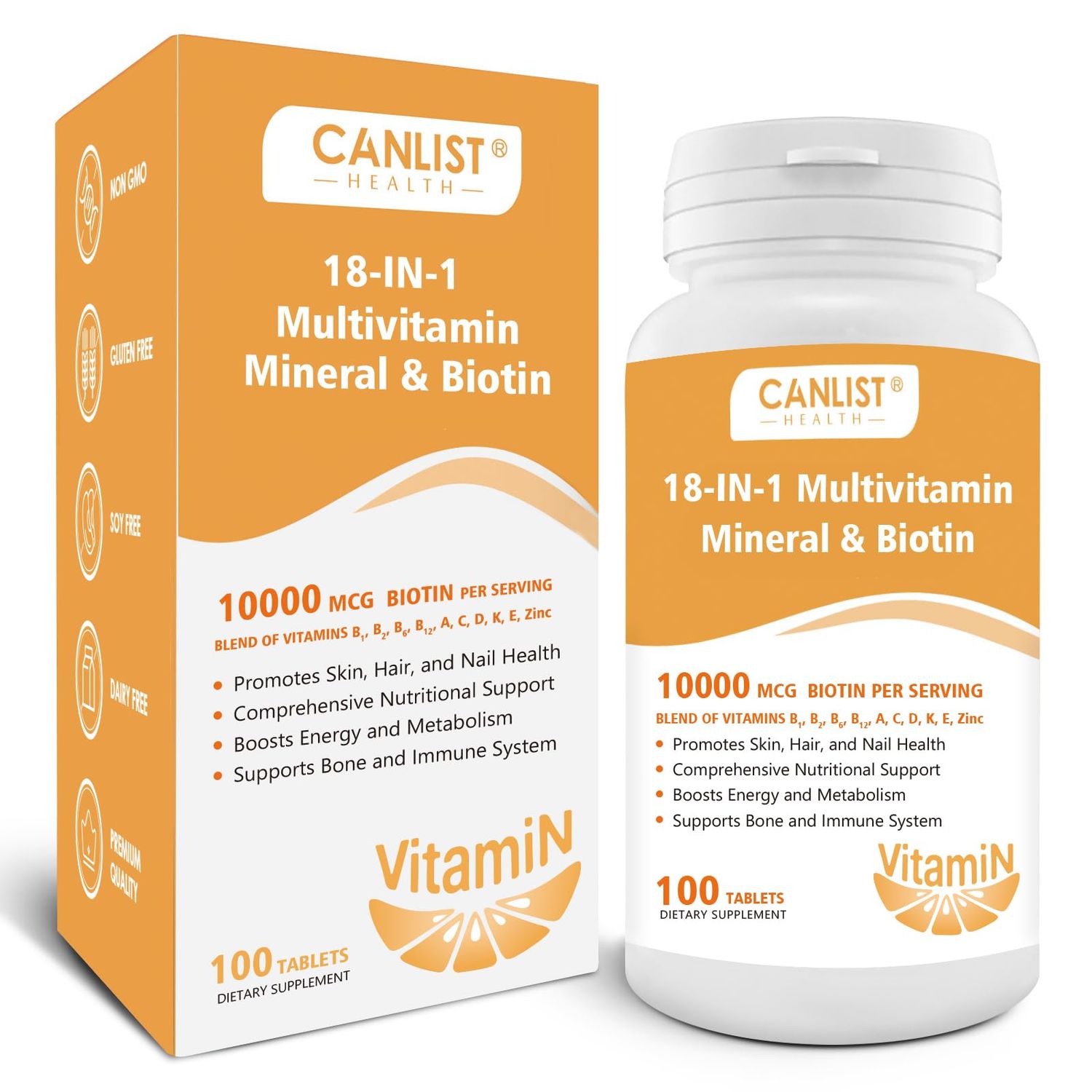 CANLIST Hair Skin and Nails Multi-Vitamin for Men Women, 10000mcg Biotin Multimineral, Contains B-Vitamins, Vitamins C, E D3, Trace Minerals, Zinc, Gluten-Free, Dairy-Free, Soy-Free, 100 Tablets