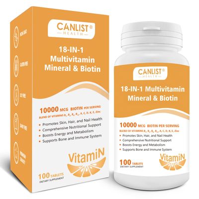 CANLIST Hair Skin and Nails Multi-Vitamin for Men Women, 10000mcg Biotin Multimineral, Contains B-Vitamins, Vitamins C, E D3, Trace Minerals, Zinc, Gluten-Free, Dairy-Free, Soy-Free, 100 Tablets